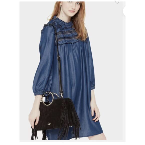 Kate‎ Spade Dress Womens XS Denim Broome Street Embroidered Indigo Boho Ruffle - Picture 3 of 9